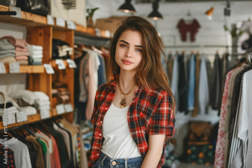Smiling woman in a clothing store with clothing racks