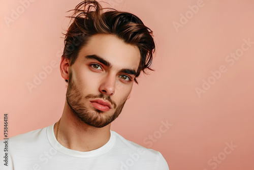 Handsome young male model on flat color background with copy space. Fashionable, well-groomed man showcases grooming beauty products for men.       © Uliana