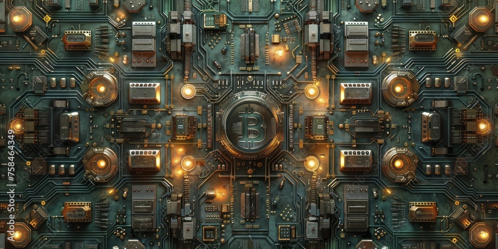 Fototapeta premium Visualize Bitcoin mining: digital nodes on a symmetrical circuit board depict operations with precision and complexity.