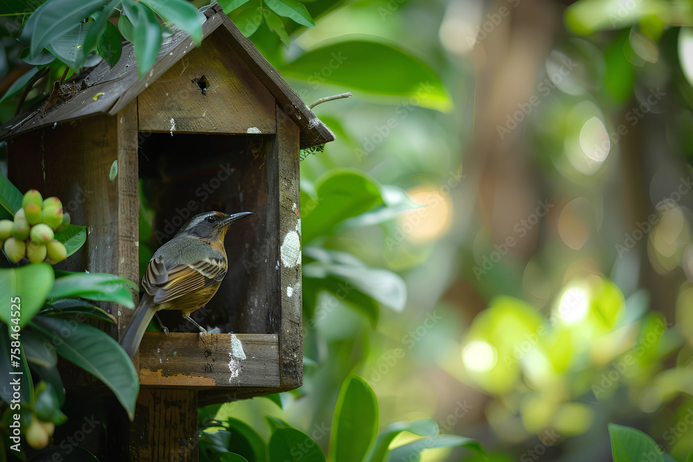 Naklejka premium a bird perched calmly at the entrance of a wooden birdhouse surrounded by lush foliage, offering ample copy space.