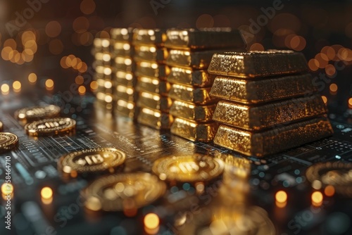 Close up on a 3D stacked gold bars with an upward trend overlay, symbolizing the technological foundation, digital economic, symmetrical.