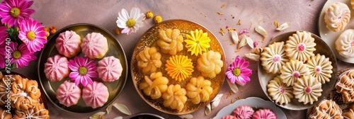 Assorted colorful Indian sweets on plates - Flat lay of various Indian confections displayed on plates, decorated with flowers, symbolizing celebration