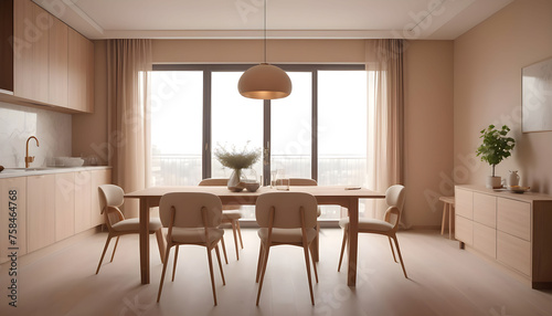 Modern interior design of apartment  dining room with table and chairs  empty living room with beige wall  panorama.