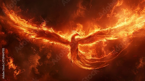 Majestic phoenix bird with fiery sparks on dark background, mythical firebird display
