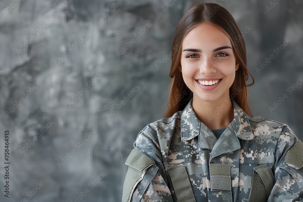 Smiling  beautiful military woman portrait with copy space. Young Woman Military soldier. USA Army
 - obrazy, fototapety, plakaty 