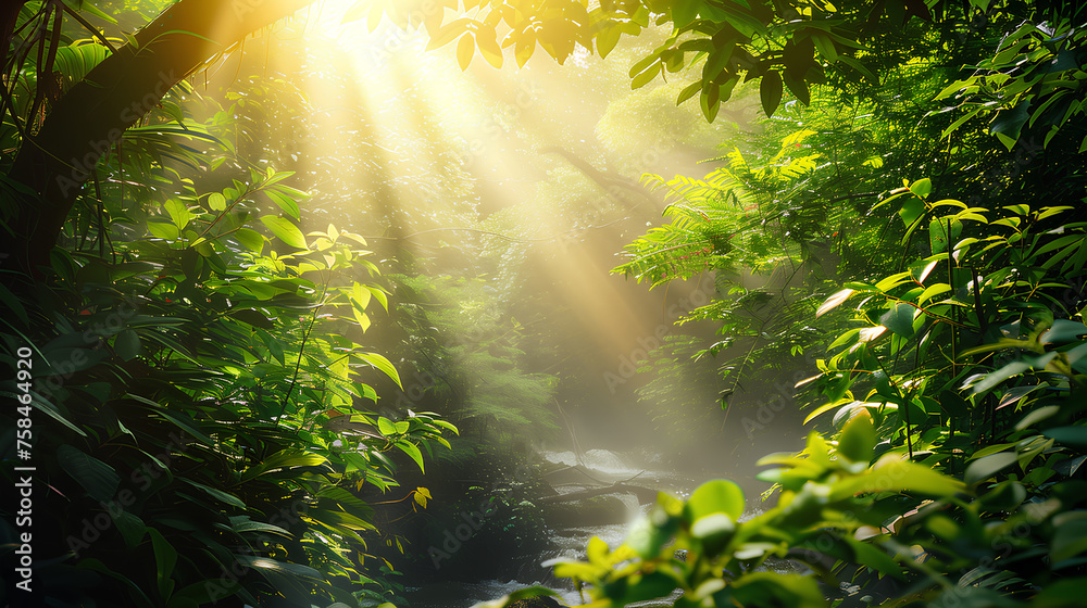 Obraz premium Morning sun shining through a lush forest onto a sparkling stream with smooth rocks and greenery. 