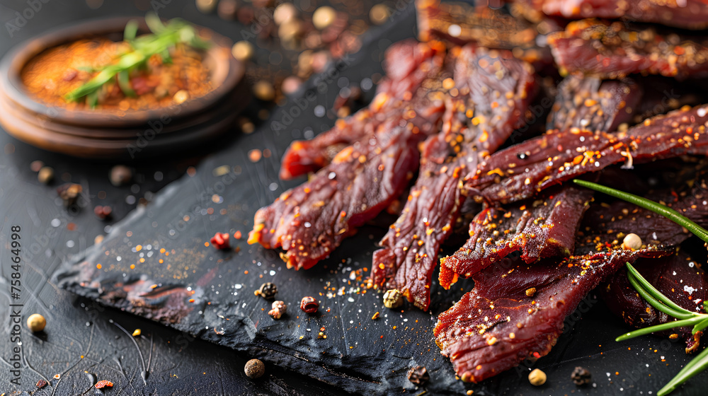Close-up of spiced smoked beef jerky, adorned with herbs and spices, set against a table background with ample copy space