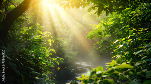 Morning sun shining through a lush forest onto a sparkling stream with smooth rocks and greenery. 