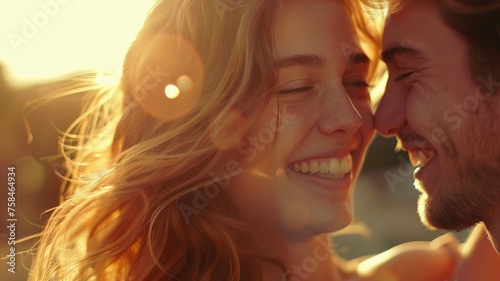 Close-up of a joyful couple at sunset - Intimate moment of a smiling young couple bathed in golden hour light, symbolizing love and happiness