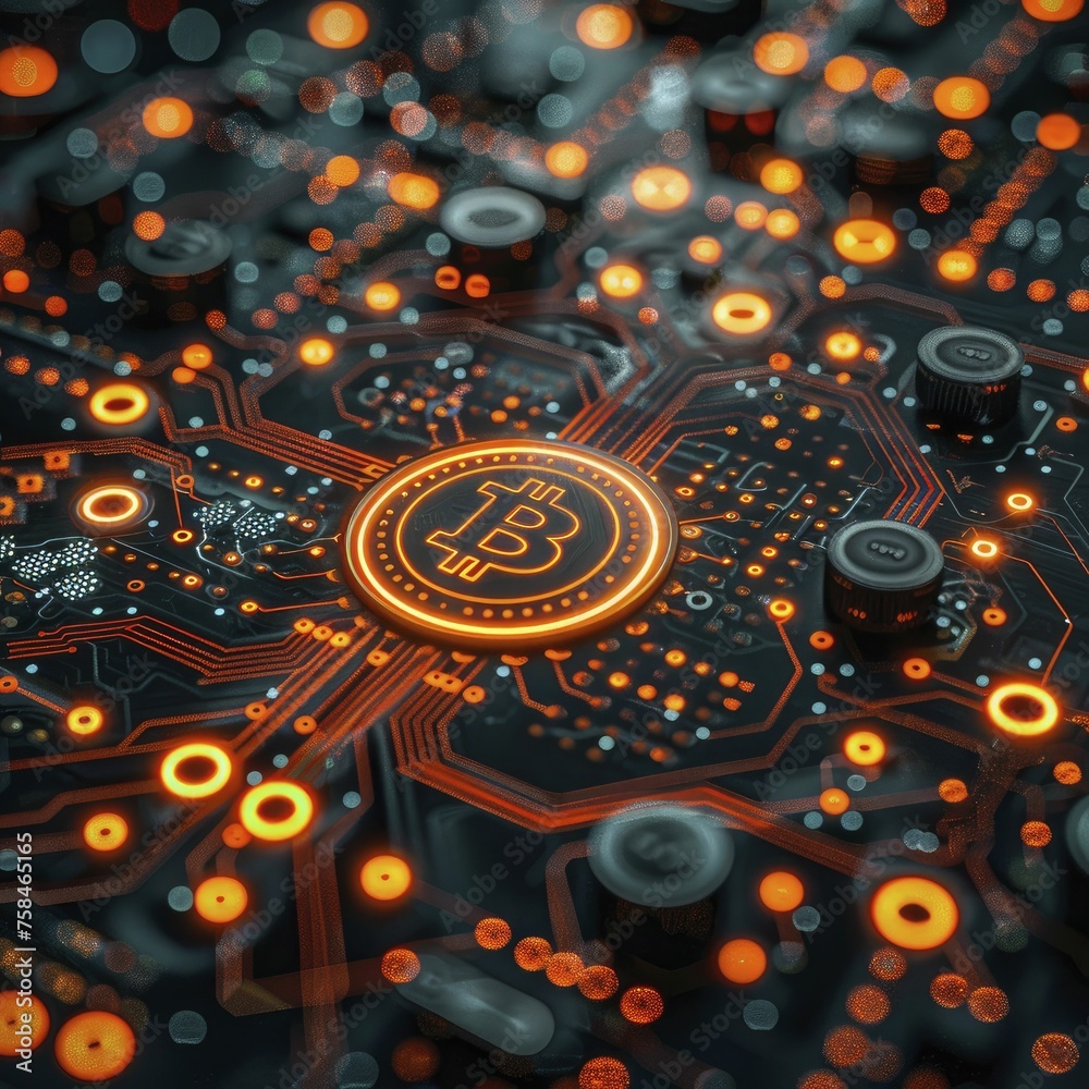Interactive cryptocurrency exchange platform projection, set against a complex circuit board design. Interactive cryptocurrency exchange platform projection, set against a complex circuit board design.