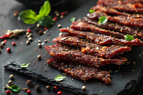 Close-up of spiced smoked beef jerky, adorned with herbs and spices, set against a table background with ample copy space