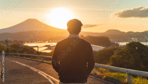 Man walking on road, back, sunset, way back, sea, asphalt, road, bridge, sun photo