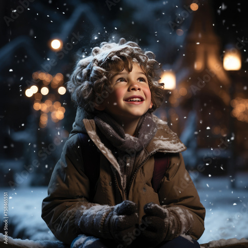 Joyful Child in Snowfall at Night, Winter Wonderland
