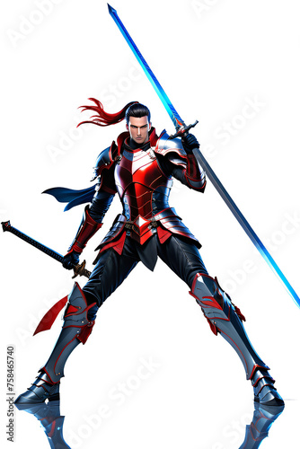 Rappresentazione 3D di un ninja maschio con una spada isolata su uno sfondo trasparente
