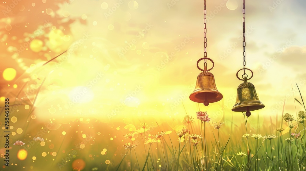 Obraz premium Golden bells hanging in sunny nature - Golden temple bells hanging among wildflowers, with sunlight creating a warm, dreamy atmosphere