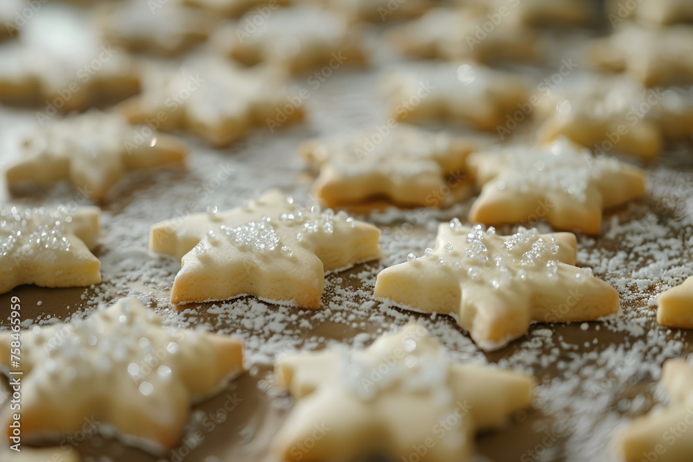 Baking sugar cookies: star and snowflake shapes, sprinkled sugar, against fur tree backdrop, capturing holiday baking spirit.





