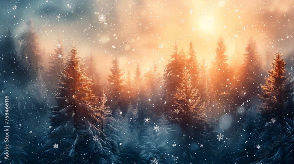 A snowy forest with trees and a sun in the background - obrazy, fototapety, plakaty 