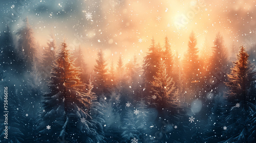 A snowy forest with trees and a sun in the background