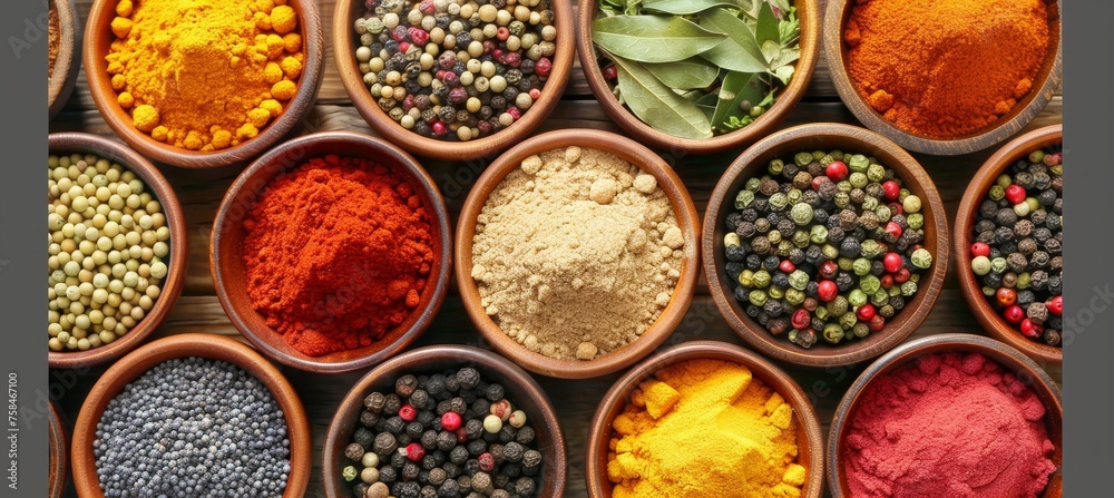 Vibrant spice palette   artistic arrangement of diverse and colorful spices in charming containers