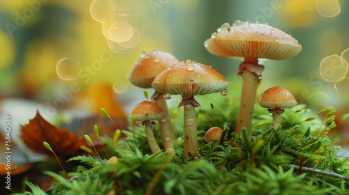 Earthy mushrooms nestled in rich green moss, with dew drops highlighting their delicate forms.