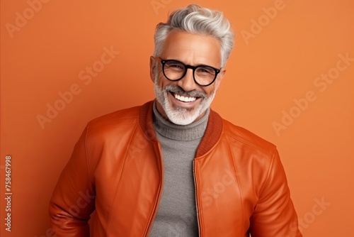 Smiling mature man in orange jacket and eyeglasses looking at camera © Igor