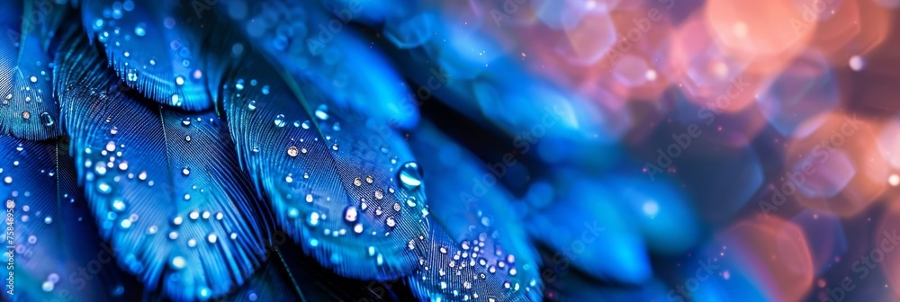 Close up macro photography of vibrant peacock feathers creating a stunning background - obrazy, fototapety, plakaty 