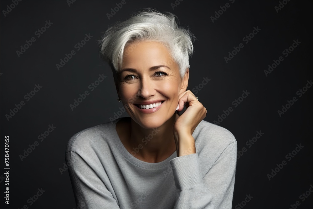 Portrait of a happy mature woman over dark background. Beauty, fashion. Portrait of a happy mature woman over dark background. Beauty, fashion.