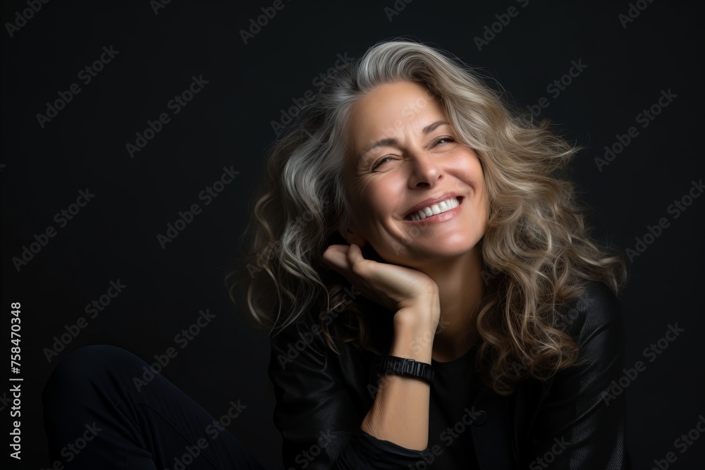 Portrait of a beautiful middle-aged woman with long wavy hair. Studio shot. Portrait of a beautiful middle-aged woman with long wavy hair. Studio shot.