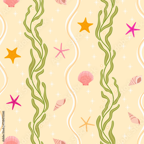 beach sea ocean seamless pattern. conch, sea star. starfish, shell, kelp, sea grass, sea weed, sand background. good for fabric, bedding, fashion design, resort wear, textile, swim wear, wallpaper.