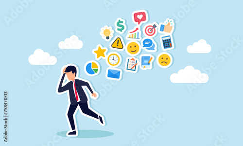 Facing information overload, distractions, overwork, and schedule workload problems, frustrated businessmen seek relief from excessive social and work related data