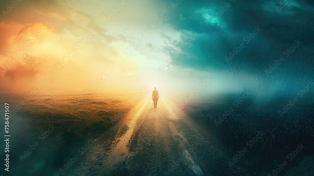 Man walking between weather extremes - Man caught between sunny and stormy weather, symbolizing life's contrasts
