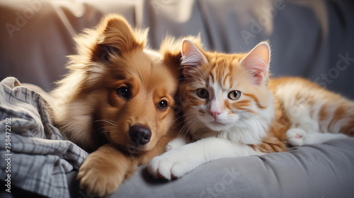 A red dog and a red and white fluffy kitten sitting together