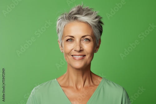 Portrait of happy mature woman with grey hair, isolated on green background