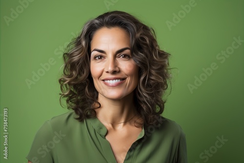 Portrait of happy smiling woman with curly hair, over green background