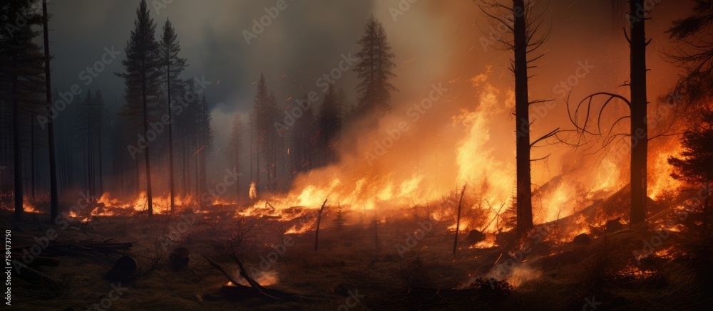 A raging wildfire consumes the forest, with flames engulfing the trees and sending plumes of smoke into the sky. The intense heat and destruction are evident as the fire spreads rapidly through the A raging wildfire consumes the forest, with flames engulfing the trees and sending plumes of smoke into the sky. The intense heat and destruction are evident as the fire spreads rapidly through the