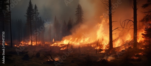 A raging wildfire consumes the forest, with flames engulfing the trees and sending plumes of smoke into the sky. The intense heat and destruction are evident as the fire spreads rapidly through the