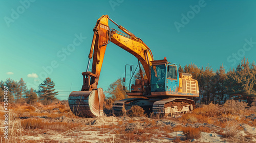 Excavator at a construction site against the setting sun. excavator blue sky heavy machine construction site. Crawler excavator front view digging on demolition site in backlight. construction site. 