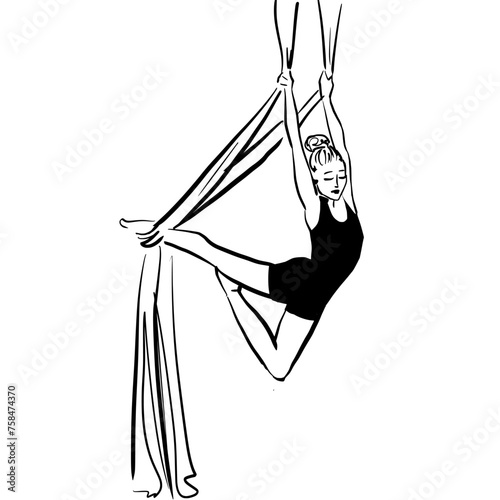 ink outline painting of a aerial silks  performer . Vector illustration of an ouline of young woman performing an aerial circus  act