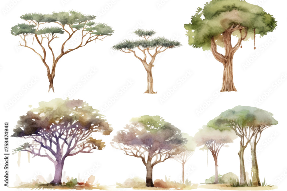 card hand trees set illustration logo invintation trees watercolor southern africa wedding party greeting banner frame drawn savannah card border