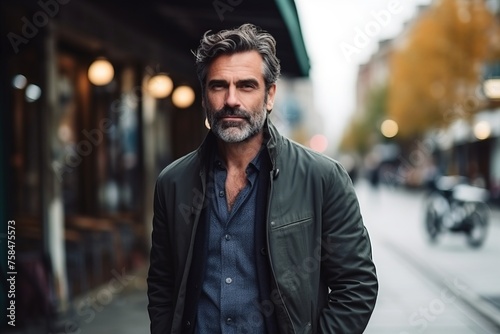 Portrait of a handsome mature man in a city street. Men's beauty, fashion.