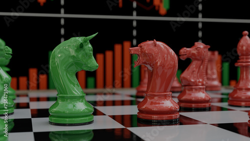 Stock concept bear and bull chess piece and stock chart on white background.3D illustration.