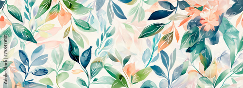 A vibrant watercolor artwork showcasing an assortment of lush green leaves with splashes of subtle floral accents, creating a fresh and invigorating botanical scene.