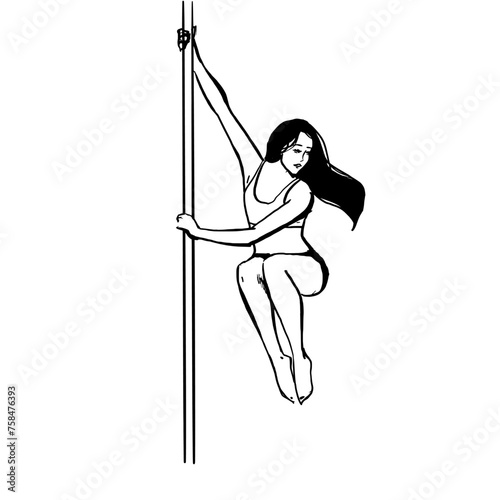 ink sihlouette outline drawing of a pole dancer performing. vector illustration of a pole fitness model performing a chair spin.  