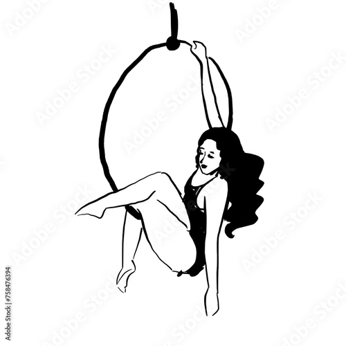 ink outline painting of an aerial hoop performer with long curly hair.  vector illustration of a Lyra hoop performer