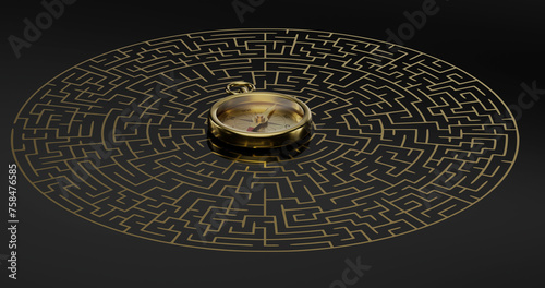 Gold old compass and maze on black background. 3D illustration.