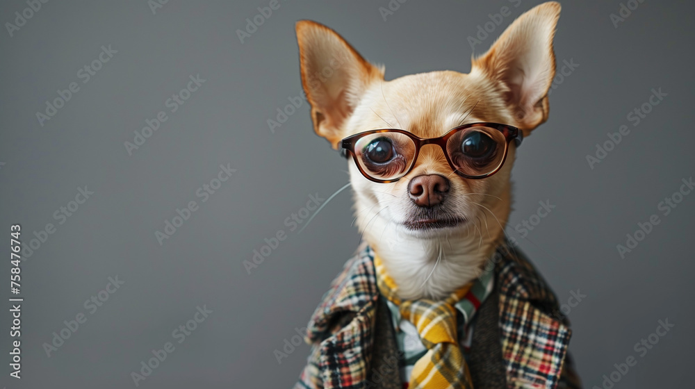 close up of a Chihuahua dog  portrait wearing glasses and french style suiy with gradient backdrops