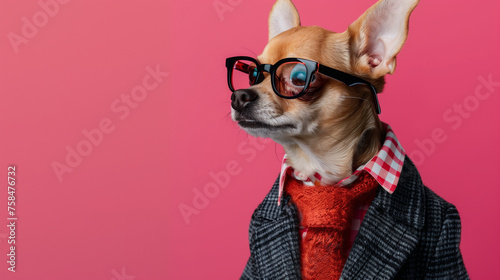 close up of a Chihuahua dog  portrait wearing glasses and french style suiy with gradient backdrops © Shahir
