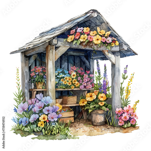 garden shelter and flowers vector illustration in watercolour style © mutia