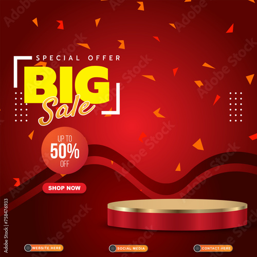 special offer big sale discount template banner with blank space 3d podium for product sale with abstract gradient red and yellow background design