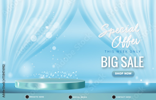 special offer big sale dscount template banner with blank space 3d podium for product sale with abstract gradient blue and white background design